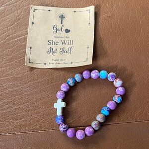 ☀️ 3 for 25 ☀️ Purple and Turquoise Beaded Bracelet with Cross Charm